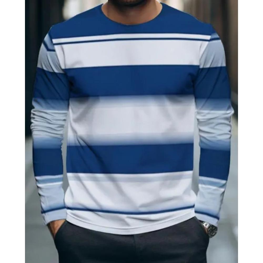 Rundhals Lässiges Oberteil Modisch Vielseitig Freizeit 3D Langarm T-Shirt Gestreiftes T-Shirt Herren Locker Großes T-Shirt