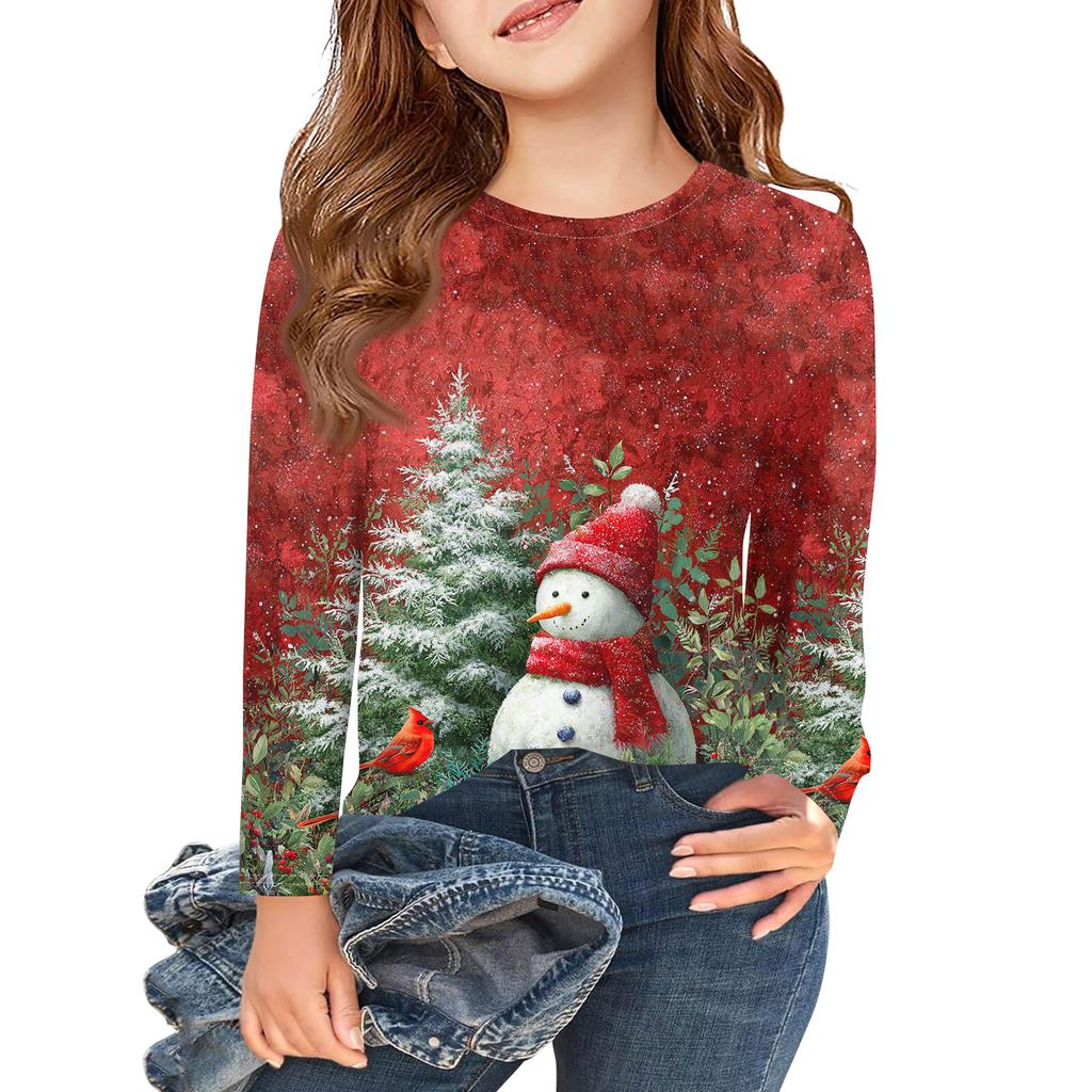 Christmas Day Girls Long Sleeve T Shirts Kids Fall Tops Crewneck Printed Basic Tees