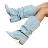 Modische plissierte Kniehohe Stiefel für Damen Spitzschuh Blockabsatz Cowboy-Stiefel Frau Herbst Winter Denim Lange Stiefeletten De Mujer