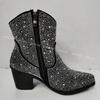 IPPEUM Rhinestone Boots Cowboy Women Black Ankle Design Chunky Heel Ponited Toe Size 43 New In Women's Western Boots