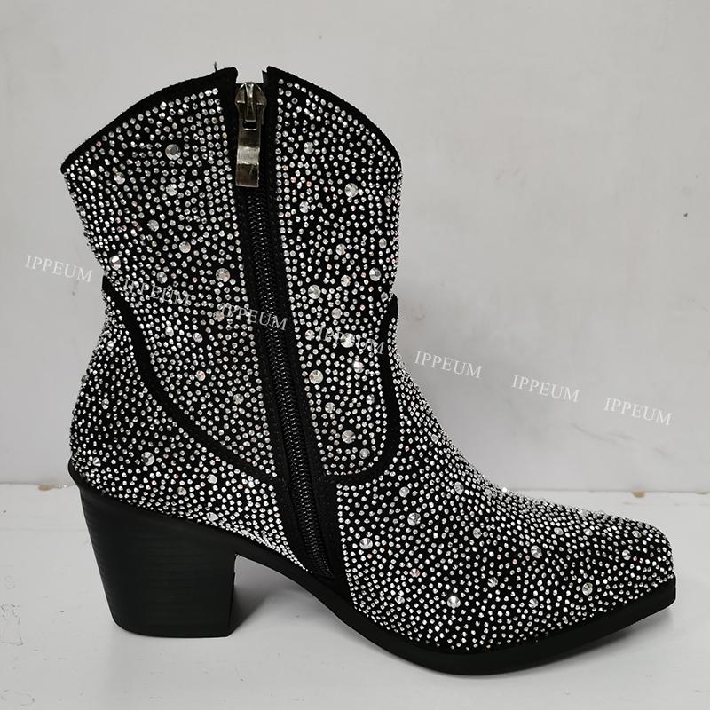 IPPEUM Rhinestone Boots Cowboy Women Black Ankle Design Chunky Heel Ponited Toe Size 43 New In Women's Western Boots
