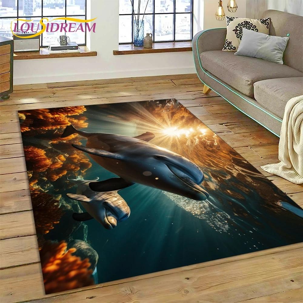 3D Podmořský svět Mořské dno Kreslený koberec s delfínem Koberec pro obývací pokoj Ložnice Domácí dekorace, Protiskluzová dekorace na pohovku Dárek Dítě