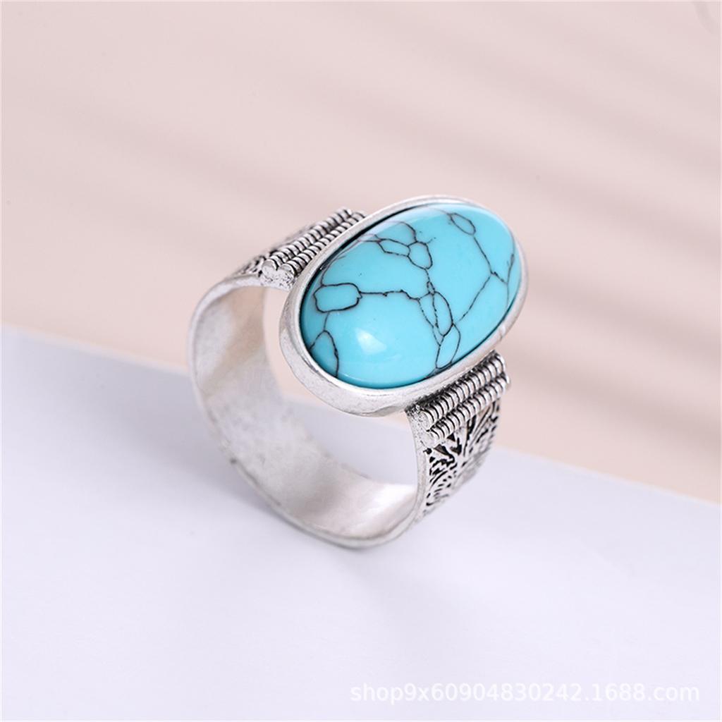 Japanese and Korean New European and American Style Large Oval Turquoise Two-color Ring Fashion Accessories