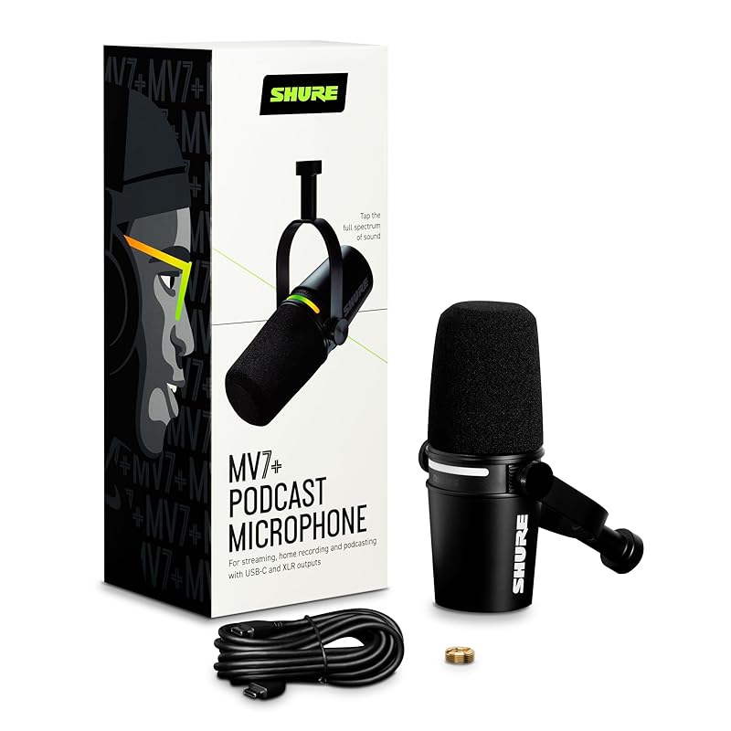 Shure MV7+ Podcast Microphone with Enhanced Audio, LED Touch Panel, USB-C & XLR Output, Auto Level Mode, Digital Pop Filter, Reverb Effect, for