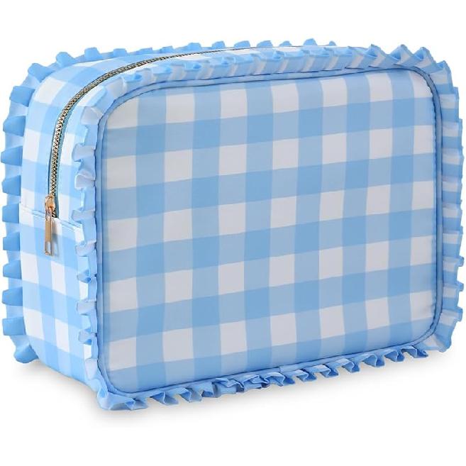 Stripe Ruffle Makeup Bag,Large Travel Cute Cosmetic Bag for Women Girls,Toiletry Bag Make Up Organizer 10.8 X 4.5 X 8 Inch (Blue Stripe)