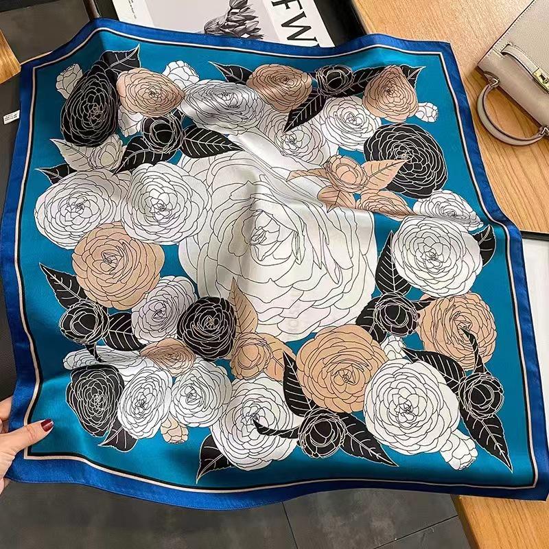 High-End Women's Lightweight Silk Square Scarf - Temperament Print Neckerchief for Neck Protection and Decoration.