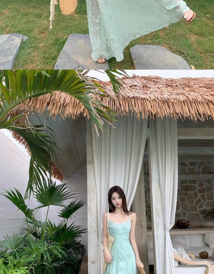 Seaside Resort Mint Green Spaghetti Strap Dress - Women's 2026 Summer Waist-Cinching Long Gown