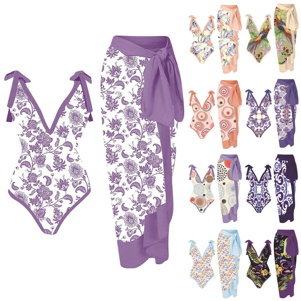 Women's French Vintage Sexy Two-Piece With Printed Swimsuit Long Skirt Set