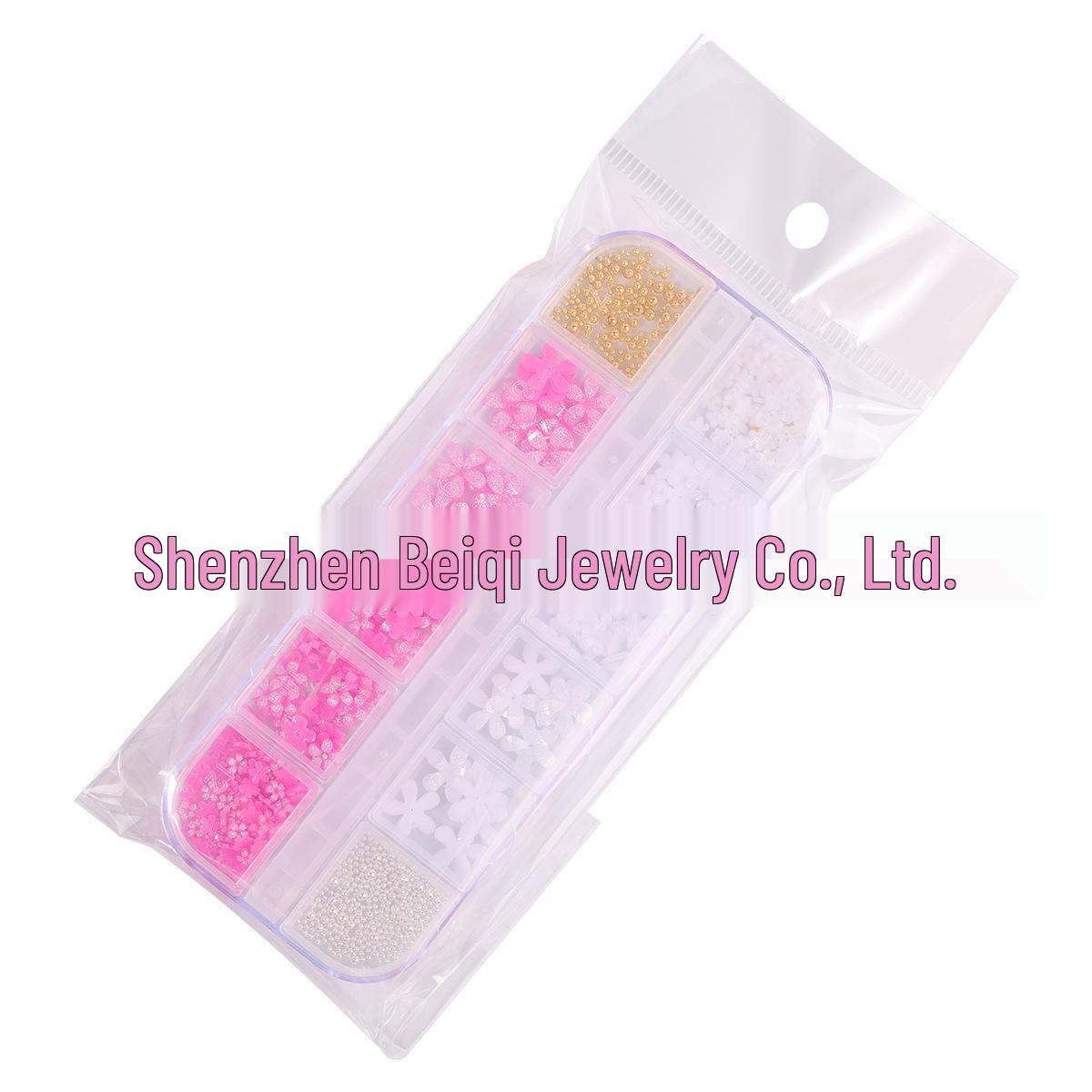 12-Grid Resin Five-Petal Flower & Steel Bead Nail Art Set