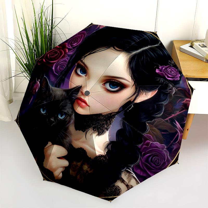 Black Cat Girl pattern, automatic folding umbrella, portable and foldable design, 8 ribs, a Christmas or birthday gift.