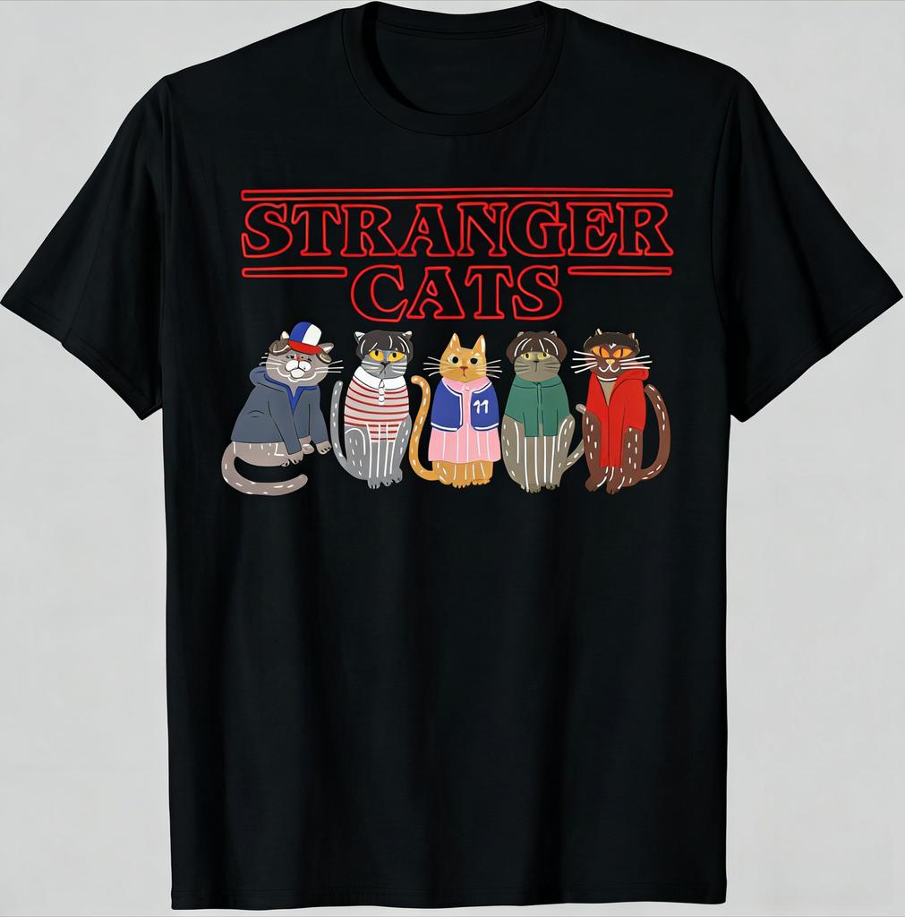 Unisex Women Oversized Crew Neck TShirt Stranger Cats Graphic Tee Characters Soft Casual Shirt for Everyday Halloween Outfits