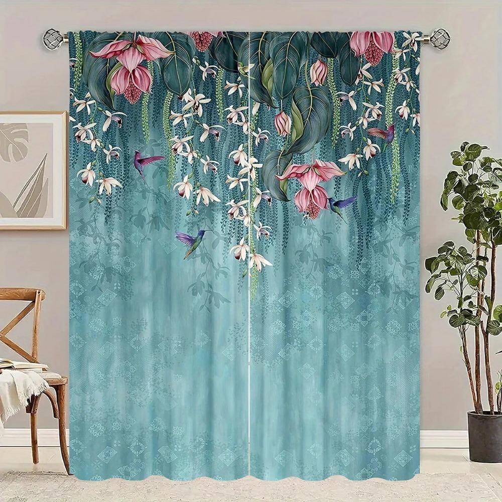 2pcs Bedroom Curtains, Pastoral Style, Spring Flowers And Plants, American Style Shading Fabric Curtain Bay Window, Living Room,