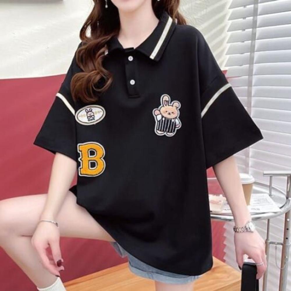 Navava Women PaTch Embroidery Loose FiT Collar ShorT Sleeve T shirT nT2414