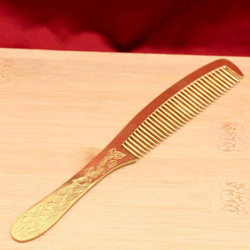 Yanxuan Handmade Antique Yellow Brass Dragon & Phoenix Anti-static Hair Comb for Health and Special Weddings