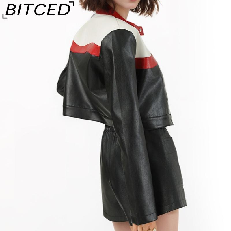BITCED Women's Color-Blocked Patchwork Biker Jacket Pilot Jacket Short-Length Leather Jacket