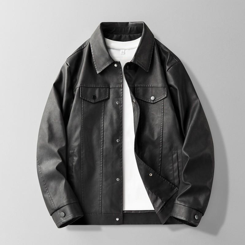 Mens Slim Fit Faux Leather Jacket Casual Outerwear With Lapel Collar Side Pockets