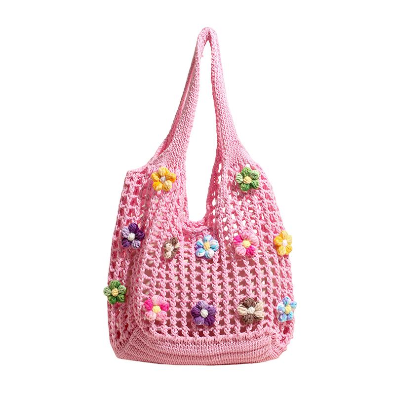 Summer Woven Woven Crochet Mesh Women's Tote Bags Hot Sale Youth Beach Casual Handbag 3D Flower Decoration Handmade Shoulder Bag