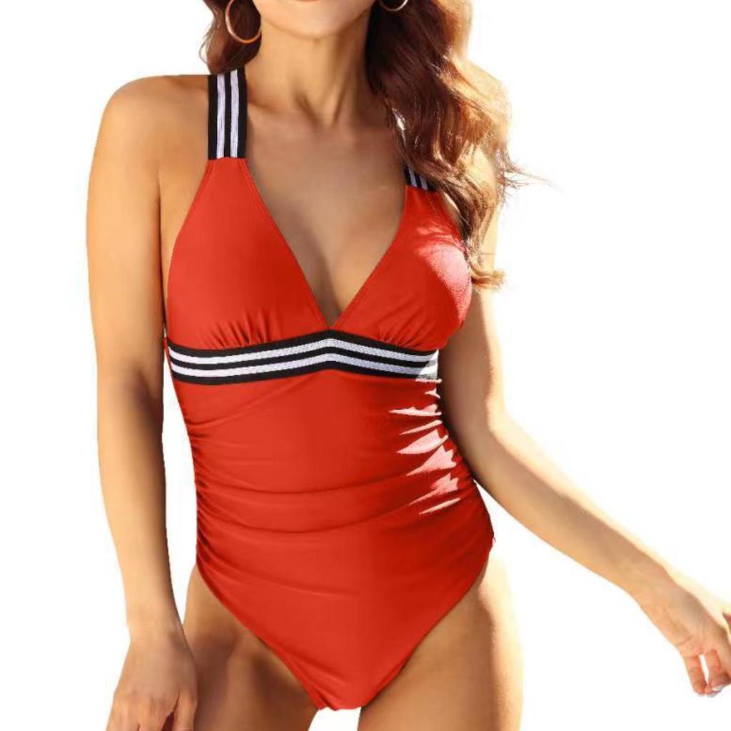 New Sexy Women's V-neck One Piece Solid Color Patchwork Swimsuit Bikini Swimsuit