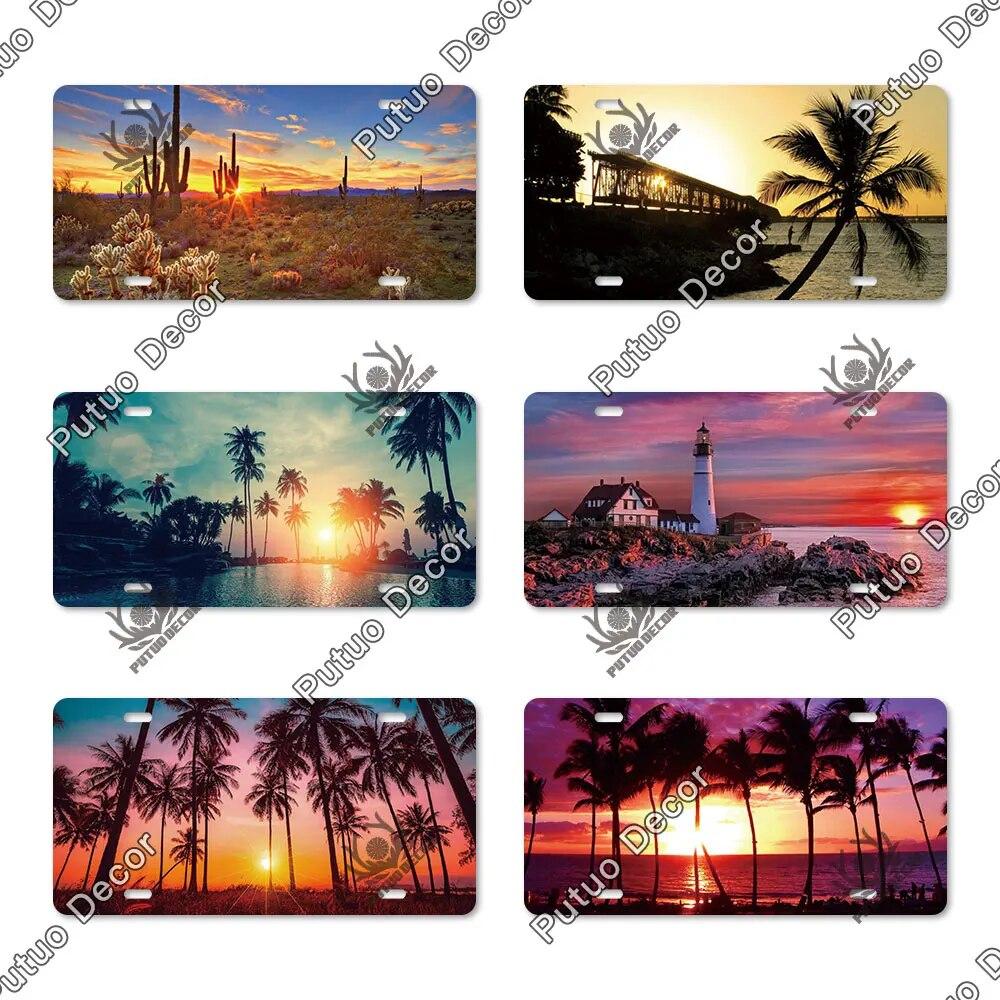 Putuo Decor Západ slunce SPZ Kovová cedule Plaketa Kovová Vintage Dekorace do obývacího pokoje Dveře Nástěnná dekorace k moři