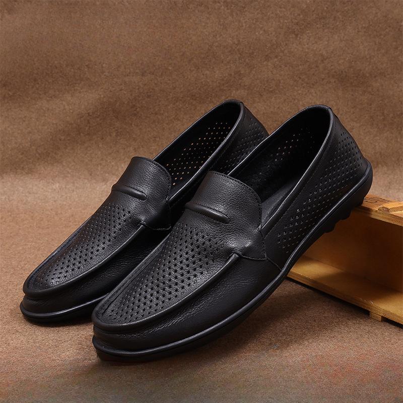 Men's Business Casual Top Layer Cowhide Men's Shoes Black Classic All-match Leather Shoes Men's One-step Soft Sole Driving Shoes