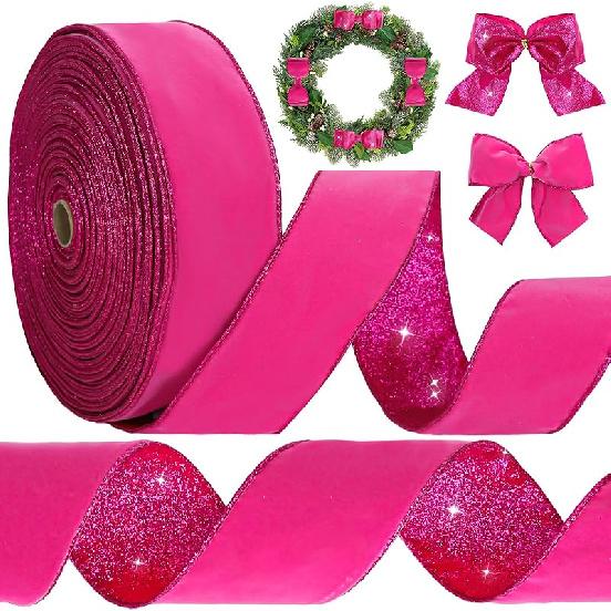 Winter Hot Pink Velvet Wired Edge Ribbon 2.5 Inch 20 Yards Double Sided Christmas Glitter Craft Ribbon for Xmas Tree Bow Wreath Gift Wrap Holiday