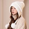 Thickened Double-layer Ear Protection and Cold-proof Three-hair Ball Fake Rabbit Hair Hat for Girls, Winter Velvet Face Protection Knitted Hat