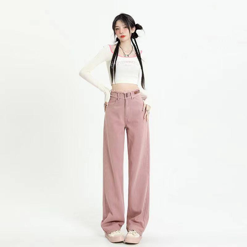 

2024 Women s Dirty Pink High-Waist Straight Jeans - Loose, Slim Fit, Trendy Mopping Style Small рожевий
