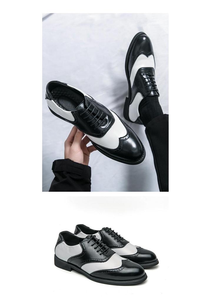 Men's Formal Black & White Brogue Leather Derby Shoes - Spring/Autumn Large Size Wedding Footwear