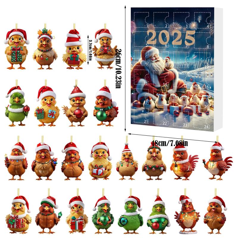 Advent Calendar 2025 Chicken With Santa Hats 2D Hanging Ornament Christmas Countdown Calendar Christmas Tree Decoration