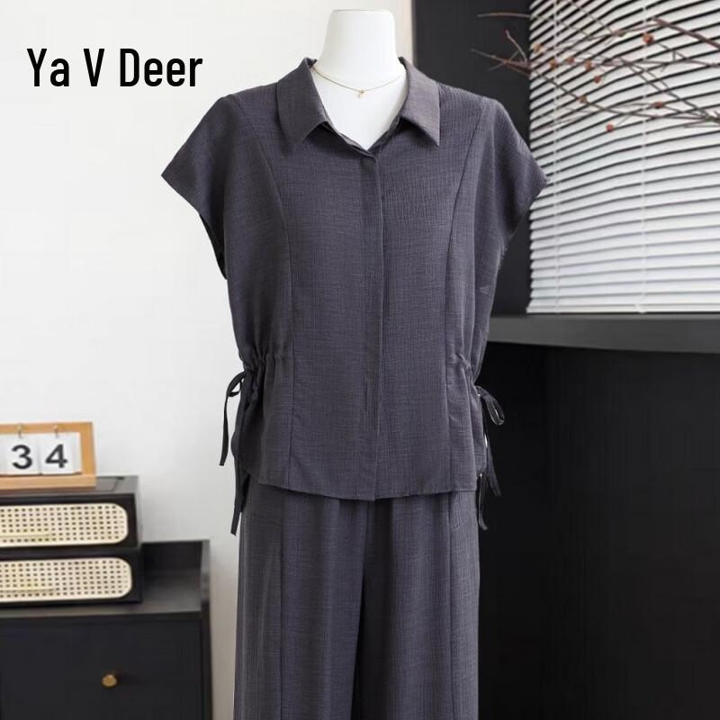 Yalu Mid-Aged Women s Summer Lapel Shirt & Wide-Leg Pants Set 4XL