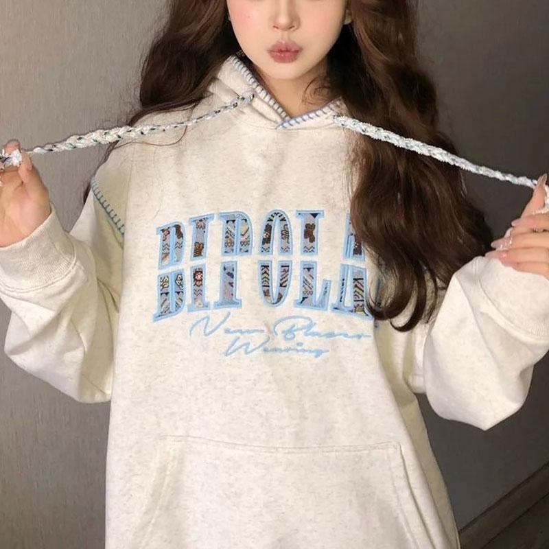 Female Clothing Letter Embroidery Hoodies Chic Drawstring Hooded Autumn Winter Fleece Spliced American Casual Loose Sweatshirts
