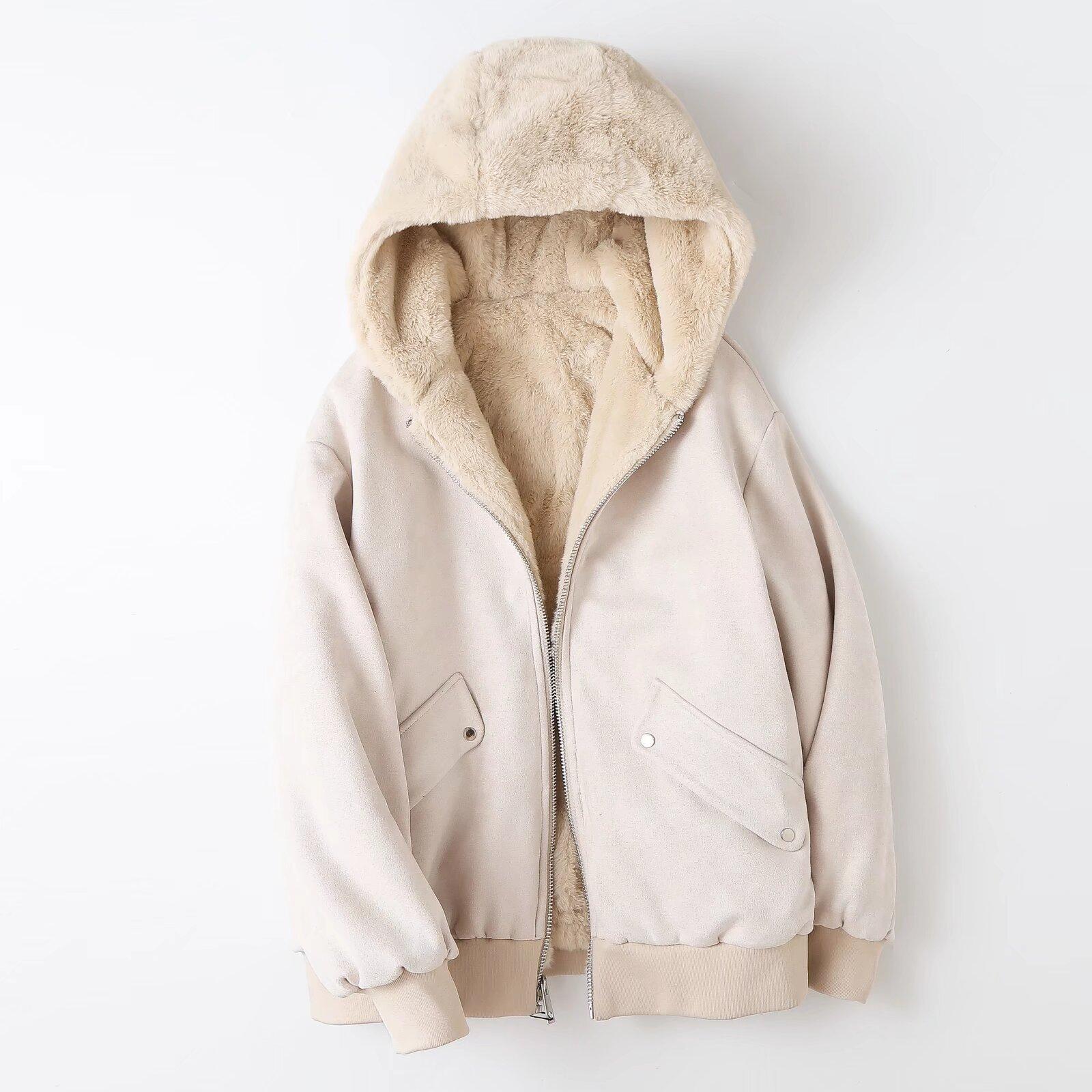 

Зимовий одяг з оленячого флісу з інтегрованим хутром із потовщеного флісу ягняти, куртка з капюшоном, напівпальто, жіночий одяг з бавовняною підкладкою L