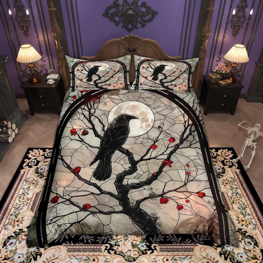 Homewish Halloween Crow Duvet Cover Set Botanical Plant Bedding Set Hippie Floral Flower Bed Set