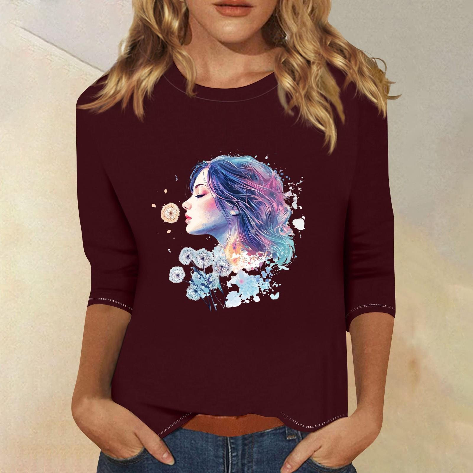 

Топи з рукавами 3/4 для жінок Футболка Повсякденні топи з принтом Футболка з круглим вирізом Пуловер Блуза XXL винний