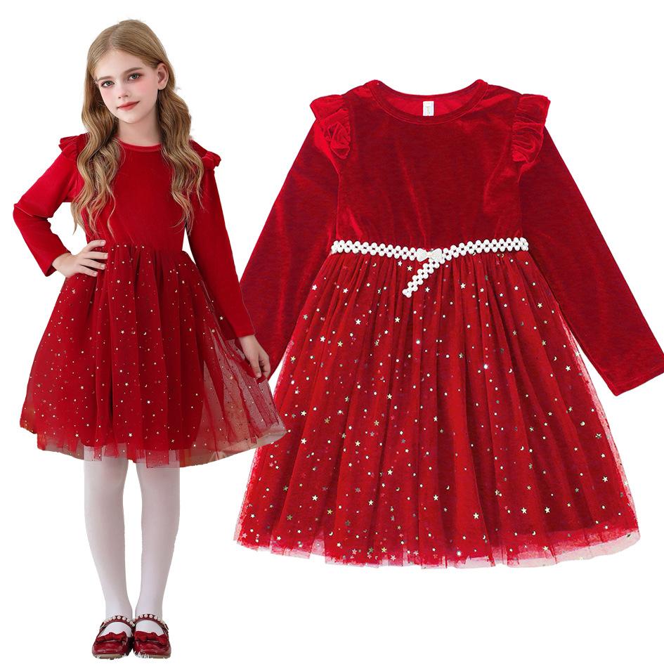 Girls Long Sleeve Red New Year Christmas Clothing Star Mesh Dress Princess Dress Performance Clothing Children's Clothing