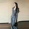 Women's Striped Tracksuit Set Deep V Neck Long Sleeve Blazer Top High Waist Wide Leg Pants