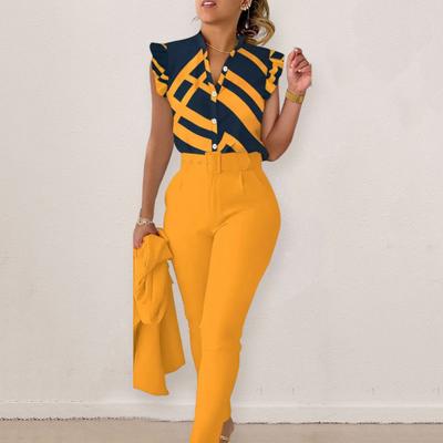 2Pcs/Set Summer Outfits V-neck Button Down High Waist Ruffled Sleeves Printing Daily Wear