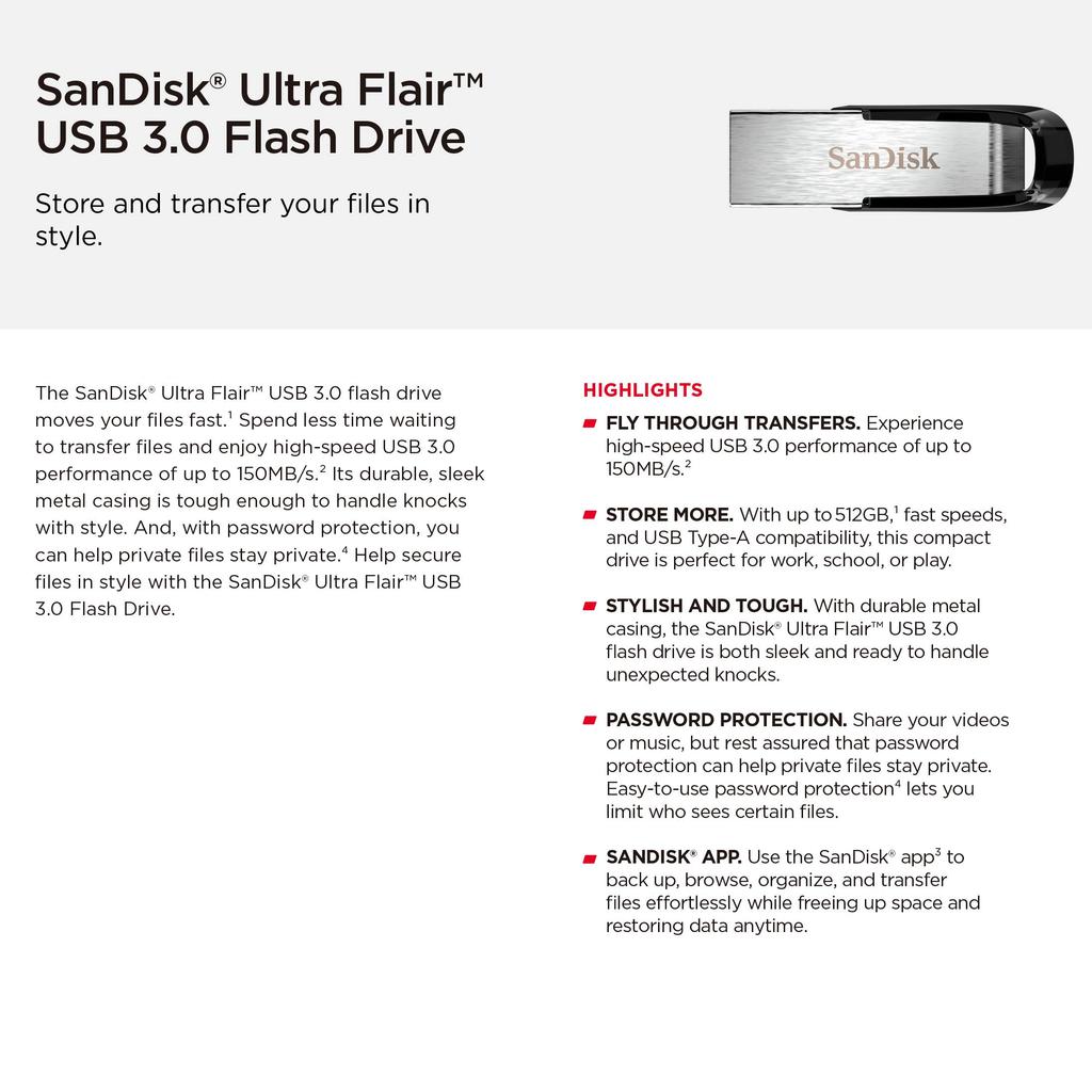 SanDisk 128GB USB 3.0 Flash Drive Read Up To 150MB/s Ultra Flair USB 3.0 Pendrive 32GB 64GB 256GB 512GB USB Flash Original Memory Stick U Disk CZ73