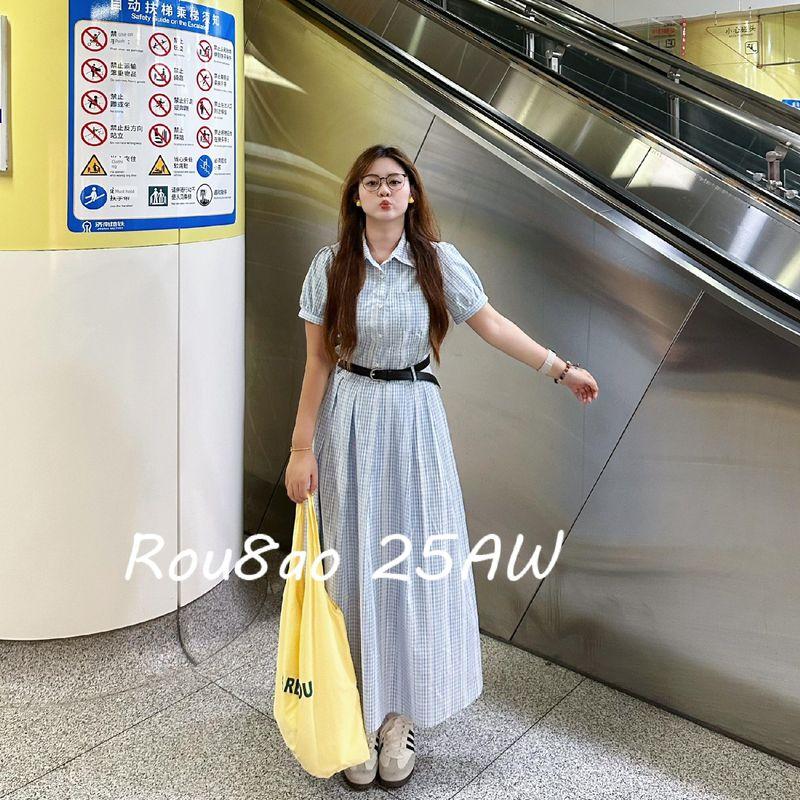 

Rou8Ao Plus-Size Women s French Retro Vertical Striped Polo Collar Long Dress 2026 Summer Waist-Cinching Dress Blue 2XL