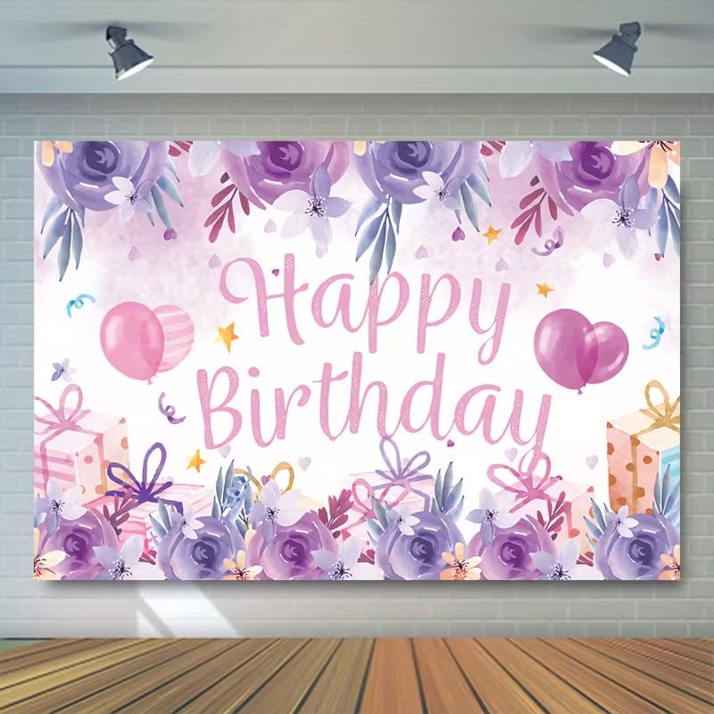 2D Watercolor Floral Happy Birthday Backdrop Purple Rose Pink Balloon Background