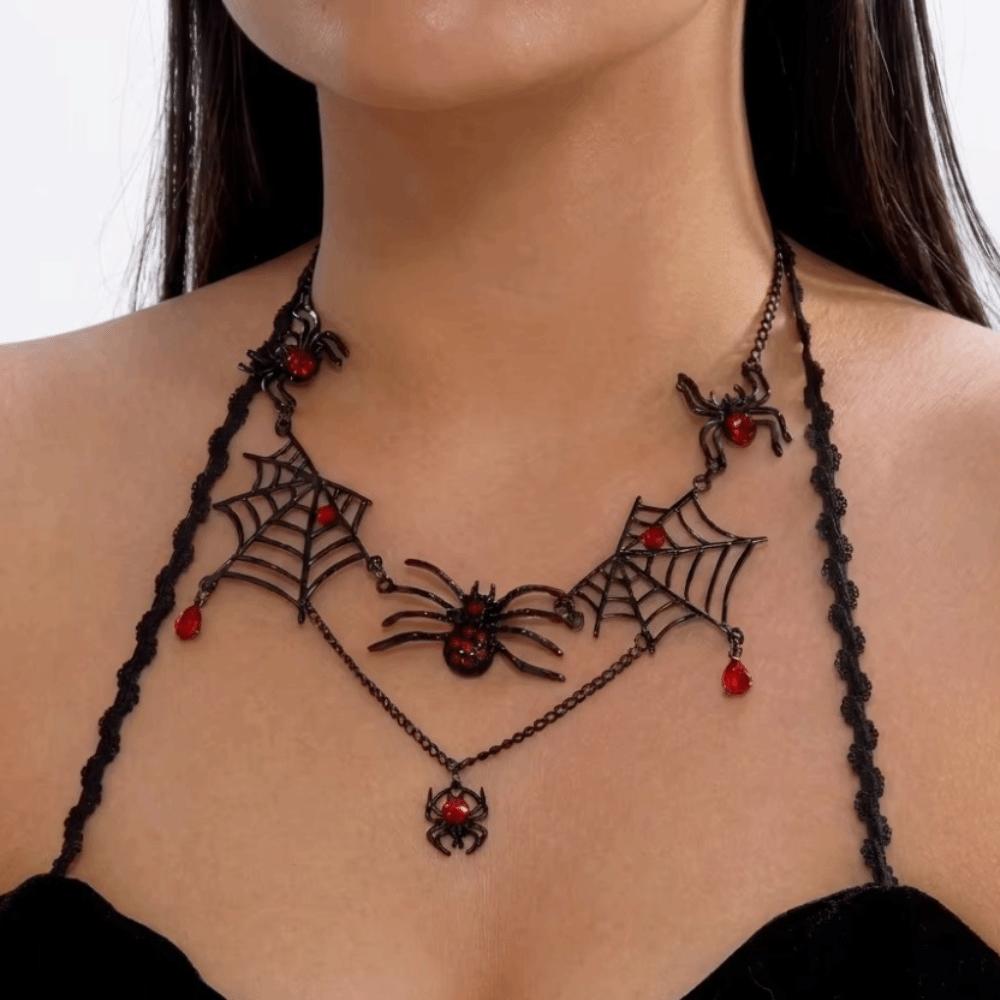 Ornate Halloween Spider Necklace Black-Toned Earring Necklace Set Gothic Jewelry Set Party-Wear