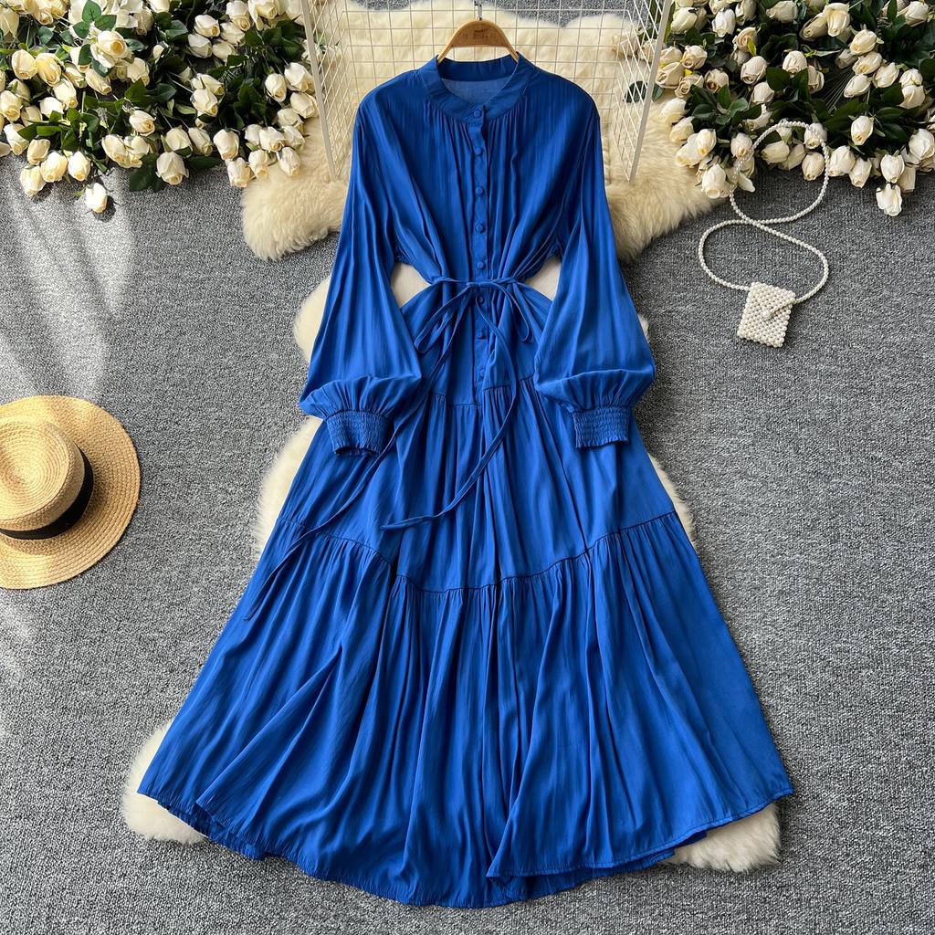 Frenchic Vintage Maxi Dress Women Stand Collar Lantern Sleeve Lace-up Female A-line Elegant Dresses Spring Autumn
