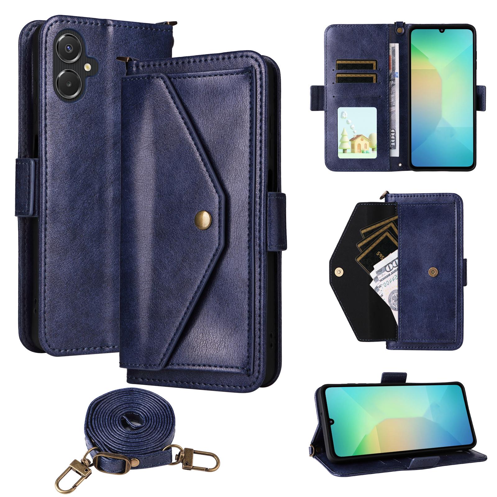 

Кожаный чехол для Samsung Galaxy A07 4G с магнитной застежкой, кошельком-подставкой и ремешком через плечо Blue