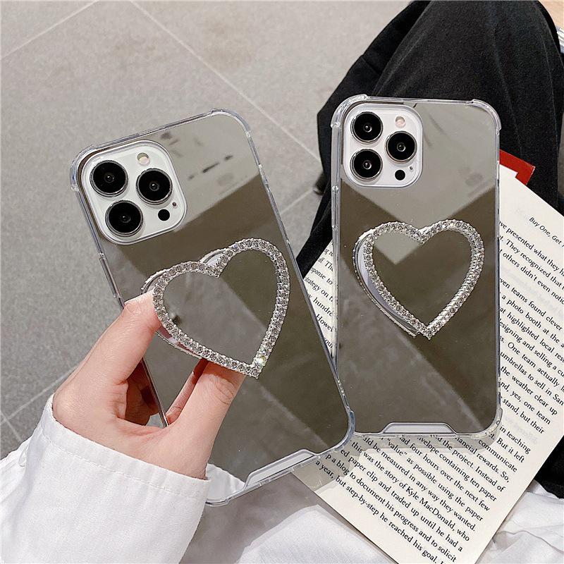 iPhone 13/14/12 Anti-Drop Phone Case with Mirror Heart Bracket & Diamond Design