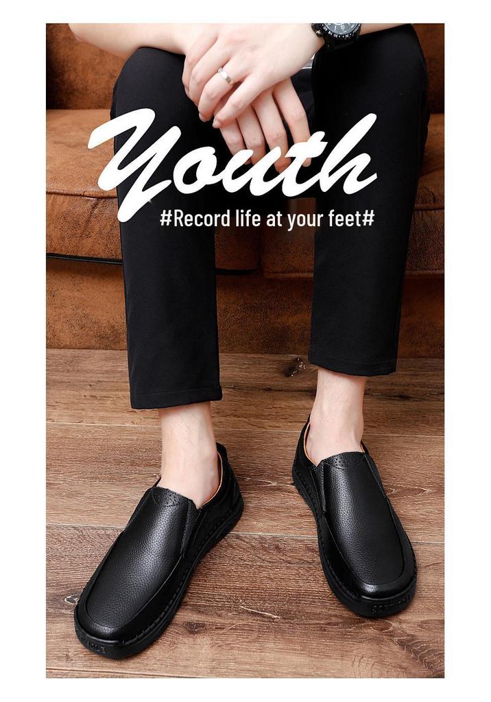 Men's Autumn Low-Top Slip-On Leather Shoes - Versatile, Breathable Casual Driving Footwear in Large British Style.