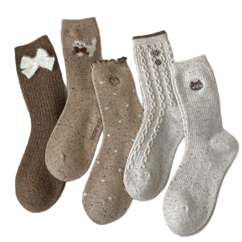 Wool Socks for Women's Autumn and Winter Trend Mid-calf Socks, Cute Cartoon Flocked Long Socks, Button Atmosphere Women's Socks