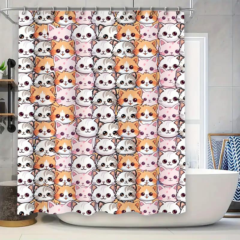 

Kawaii Cat Shower Curtain Cartoon Animal Print Bathroom Decor Waterproof Fabric White Pink Orange Black 72 X 84 Inches W60H190(CM)-1 Pcs