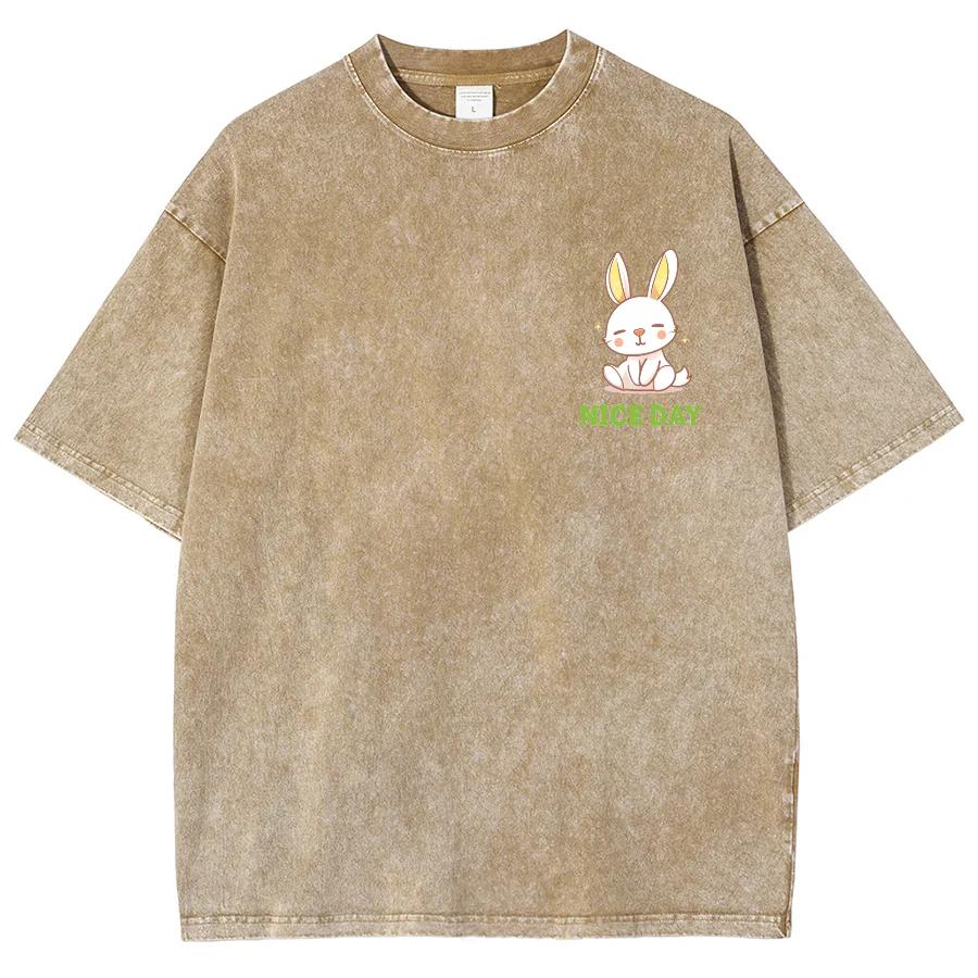 Cute Cartoon Rabbit Print T-shirt Loose Water Wash Vintage Short Sleeve Men's and Women's Casual Fashion Summer Top