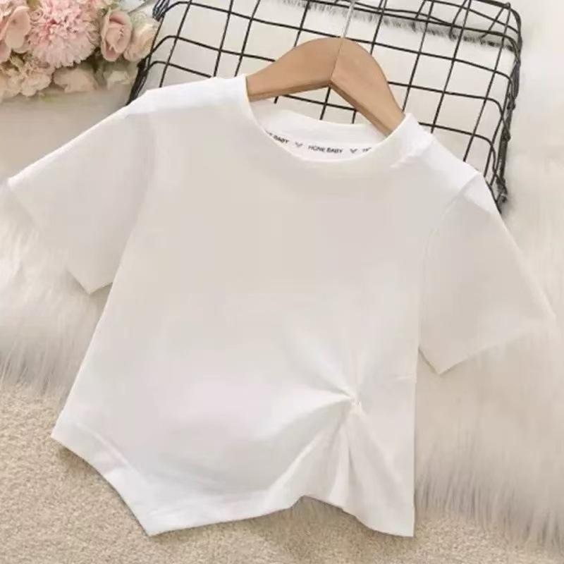 Girls Summer Cotton White Smiley Face Crop T Shirt Stylish Short Sleeve Slim Fit Top 100