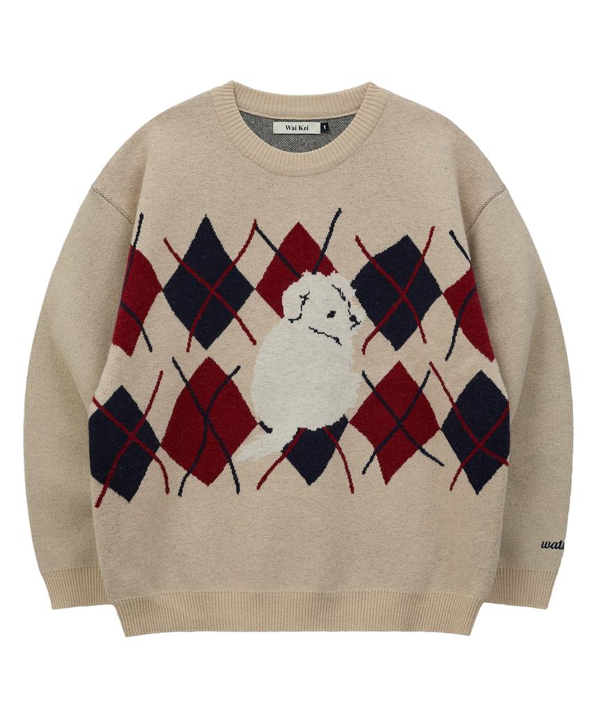 WAIKEI Maltese Argyle Crewneck Knit Oatmeal